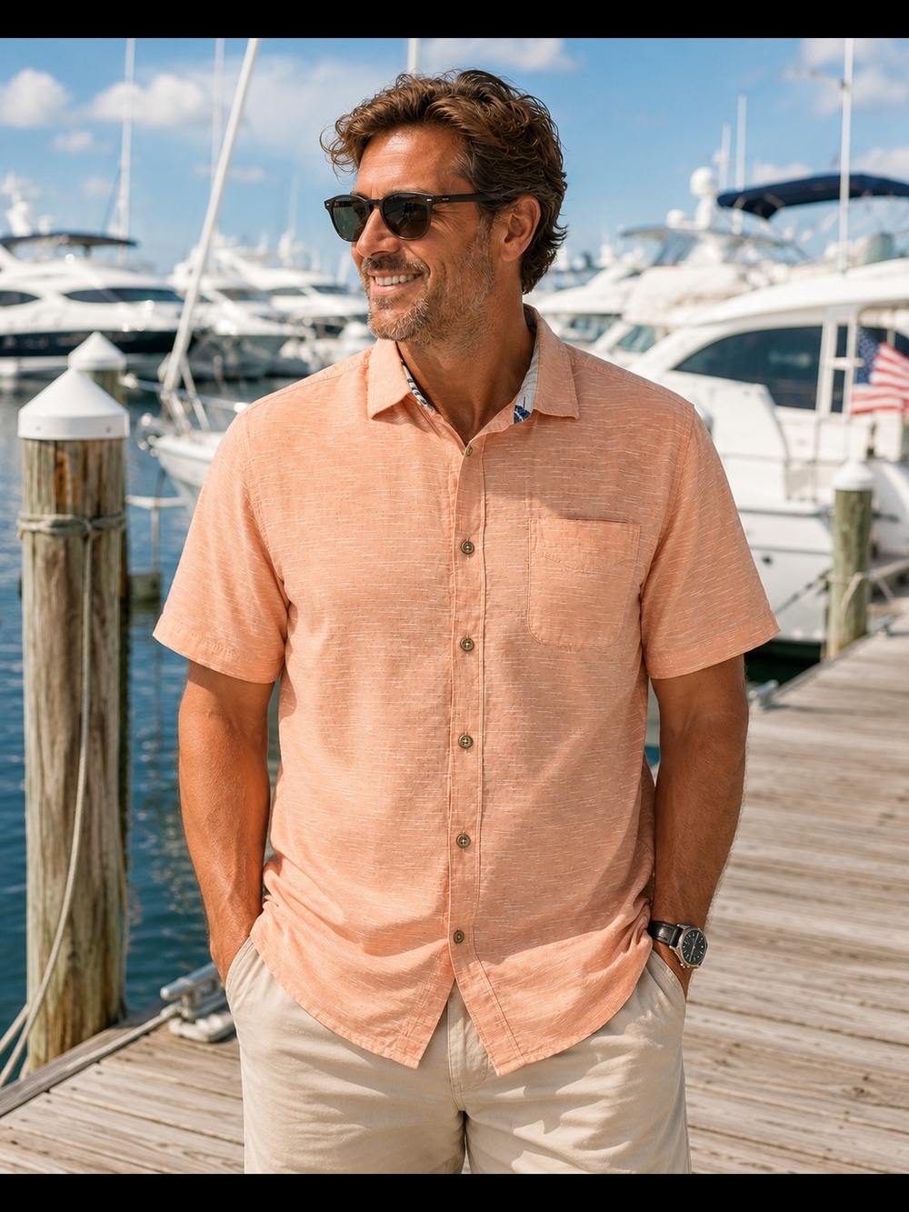 Caribbean Joe Men's XLT Linen Blend Button Up Shirt Peach Short Sleeve Beach